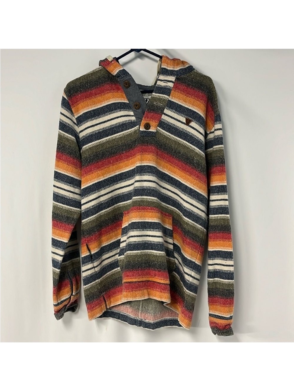VISSLA Multicolor Striped V-Neck Hooded Pullover — Olive, Rust, Navy & Cream